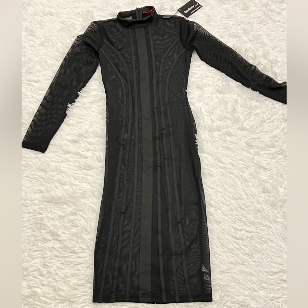 Black Long Sleeve Mesh Maxi Dress